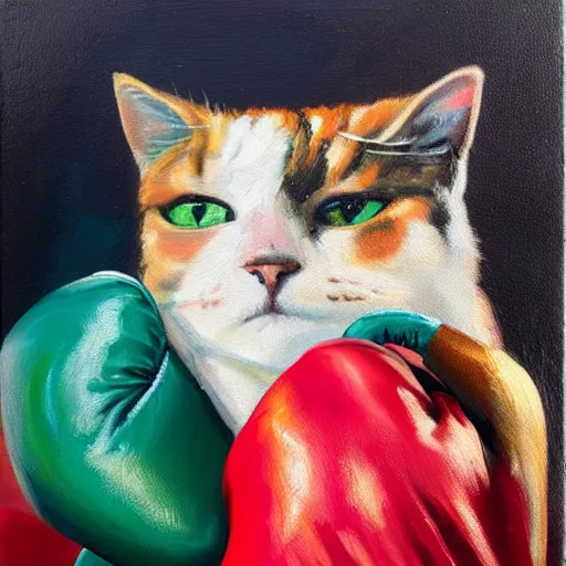 Prompt: palette knife oil painting of a cat wearing a boxing gloves