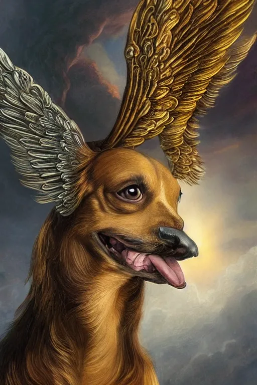 Image similar to God had dog Chihuahua's head, a radiant halo and wings, detailed face, gorgeous, flowing hair, very muscular male body, partial anatomy, stormy and grand war scene, delicate and intricate borders for decoration, caesar victorious, proud Emperor, split lighting, character close-up, intricate, highly detailed, 8K, digital painting, fantasy, concept art, sharp focus, art by greg rutkowski beeple and alphonse mucha