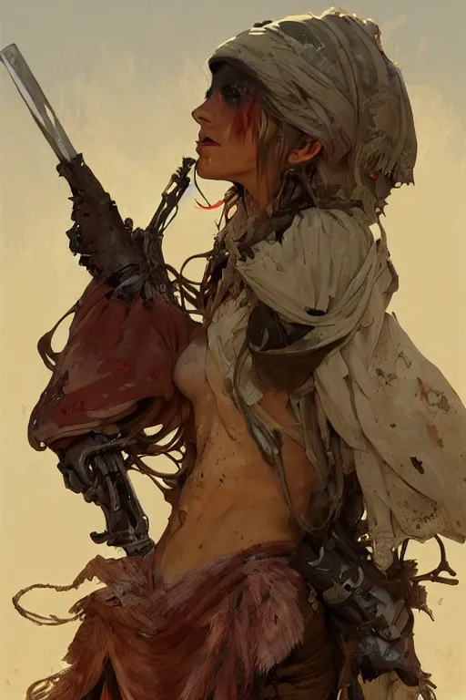 Image similar to a full body portrait of a beautiful post apocalyptic offworld butchers district bedouin blind pulp fiction scarlet wild rogue barbarian leper begging by the roadside, intricate, elegant, highly detailed, digital painting, artstation, concept art, smooth, sharp focus, illustration, art by krenz cushart and artem demura and alphonse mucha