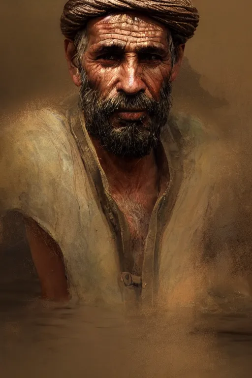 Prompt: mesopotamian fisherman, close-up portrait, poor, intricate, elegant, volumetric lighting, scenery, digital painting, highly detailed, artstation, sharp focus, illustration, concept art, ruan jia, steve mccurry and Irakli Nadar