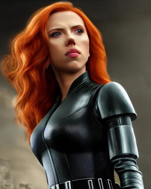 Prompt: scarlett johansson portraying a beautiful mara jade from star wars legends, beautiful scarlett johansson mara jade, in a black suit, without lightsaber, movie, hyper realistic, hollywood promotional image, imax, 8 k