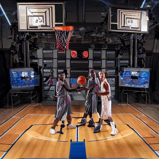 Prompt: animatronic Basketball, exposed mechanics, photo, Stan Winston studios, detailed, 4k