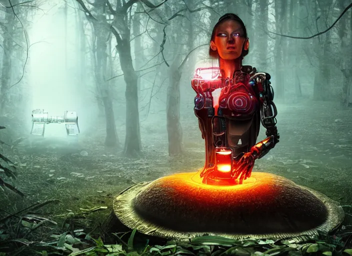 Prompt: photo of an intricate and sophisticated terminator woman with borg enhancements sitting on a giant mushroom in a weird magical forest and drinking a cup of tea. Very detailed 8k. Fantasy cyberpunk horror