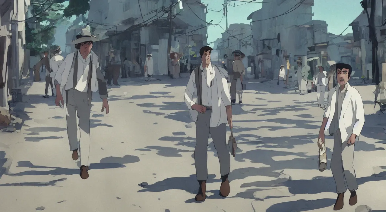 Image similar to ernest shackleton in a crisp white linen shirt and slacks, leather boots, walking in a cuban street, 1 9 0 0, genndy tartakovsky, atey ghailan, goro fujita, studio ghibli, rim light, mid morning lighting, clear focus, very coherent