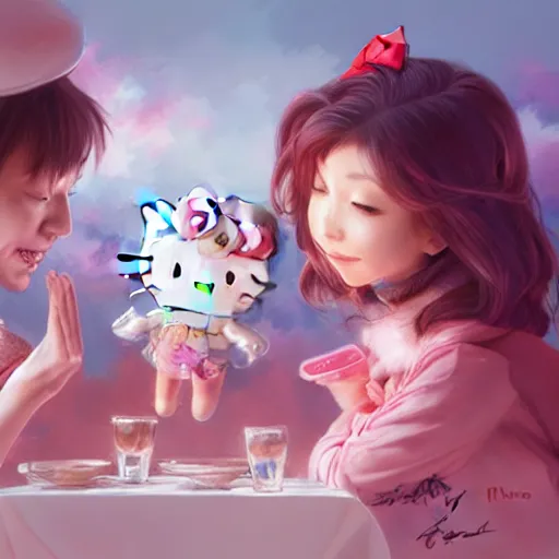 Prompt: Couple love, Hello Kitty theme, by Stanley Artgerm Lau, WLOP, Rossdraws, James Jean, Andrei Riabovitchev, Marc Simonetti, Yoshitaka Amano, ArtStation, CGSociety,