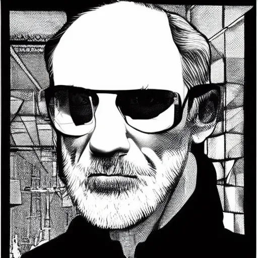 Prompt: cyberpunk hacker jeremy irons portrait sunglasses, illustrated by edward gorey, escher, aschenbach, mikko