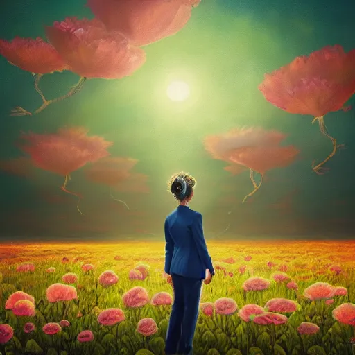 Image similar to giant rose flower head, frontal, girl in a suit, surreal photography, sunrise, dramatic light, impressionist painting, digital painting, artstation, simon stalenhag