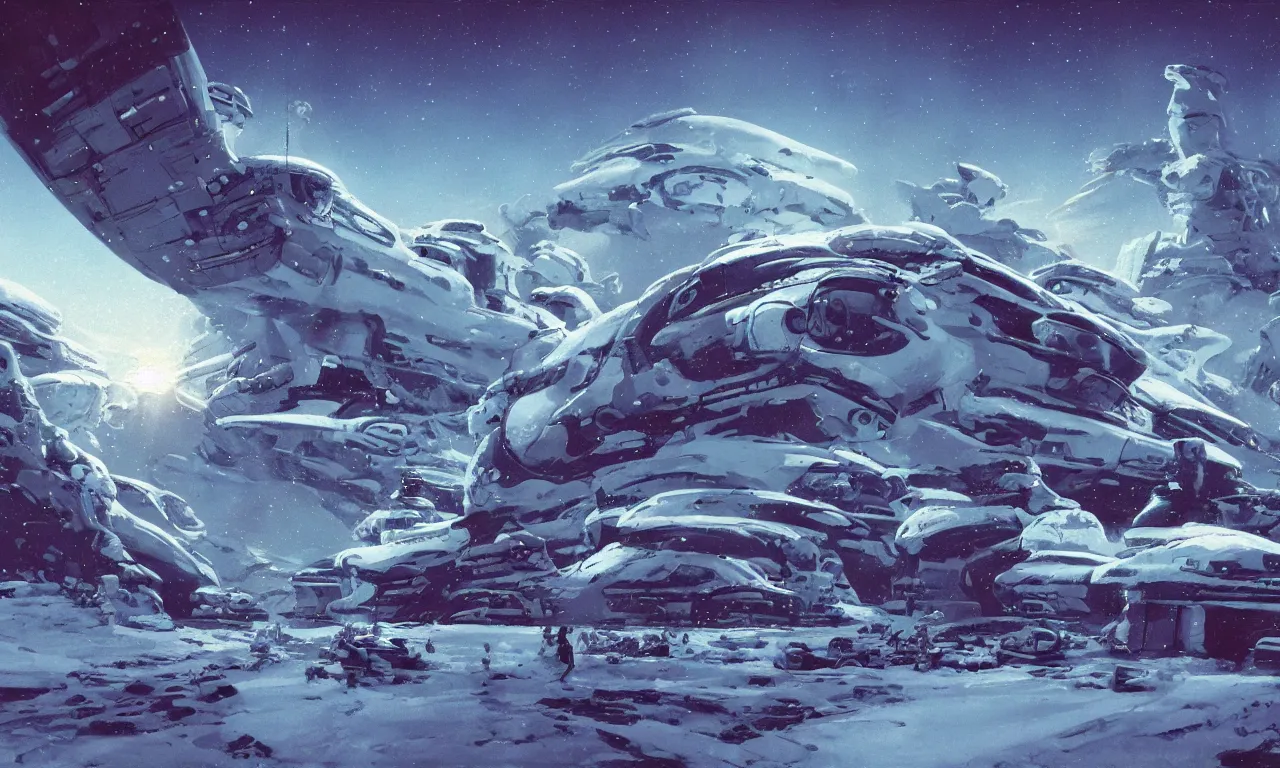 Image similar to snow alien landscape of an unexplored world, cinematic lighting, cinematic angle, Syd Mead, Federico Pelat, daylight, blue sky, spaceship in the sky