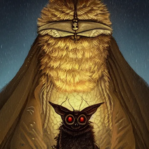 Prompt: portrait of a fluffy moth wanderer in a cloak in the style of Simon Stålenhag and H. R. Giger, detailed, trending on Artstation