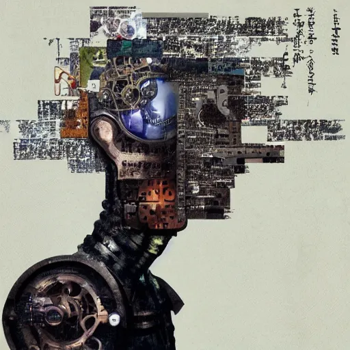 Image similar to a mechanical ( wren bird ) wanders between the cybernetic neonpunk realms of urban science and social science, collage artwork by dave mckean and ivan shishkin and yoshitaka amano