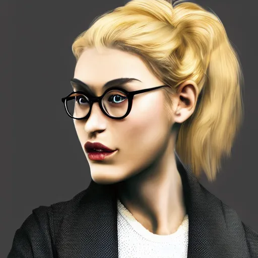 Image similar to a severe french woman with blonde hair tied in a strict bun, spectacles, lots of makeup, rich, character portrait, digital art, high quality, 8 k, detailed, d & d character,