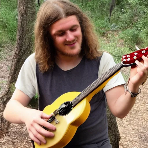 Image similar to a photo of a young man with long hair playing mandolin in the wilderness