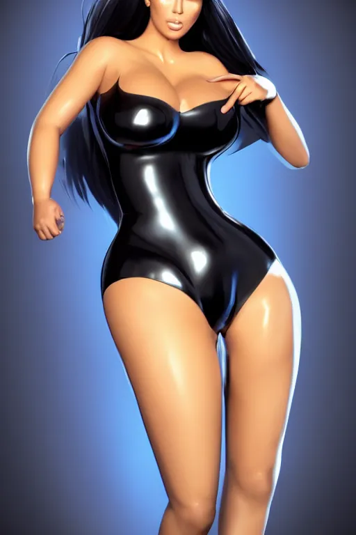 Prompt: photorealistic 3 d render of kim kardashion as an impossibly curvy anime girl wearing a latex outfit, by artgerm and earl norem, featured on pixiv, booru, exaggerated proportions, high resolution digital art, 4 k, beautiful symmetric face, subsurface scattering, volumetric lighting, realistic skin texture