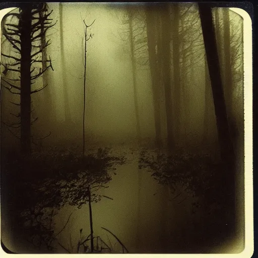 Image similar to an eerie, foggy swamp, with strange creatures lurking within. scary, grotesque, old photo, polaroid