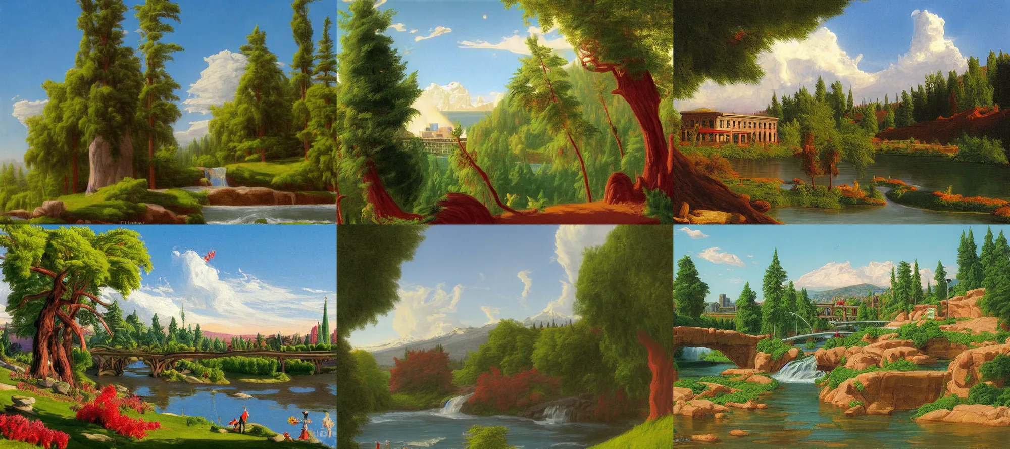 Prompt: spokane riverfront park, in the style of dr. seuss, painting by thomas cole