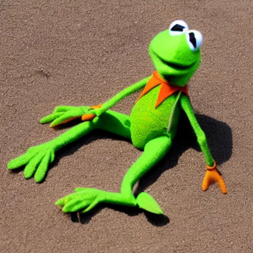 Prompt: Kermit the frog tanning on the beach photo 4k model hd