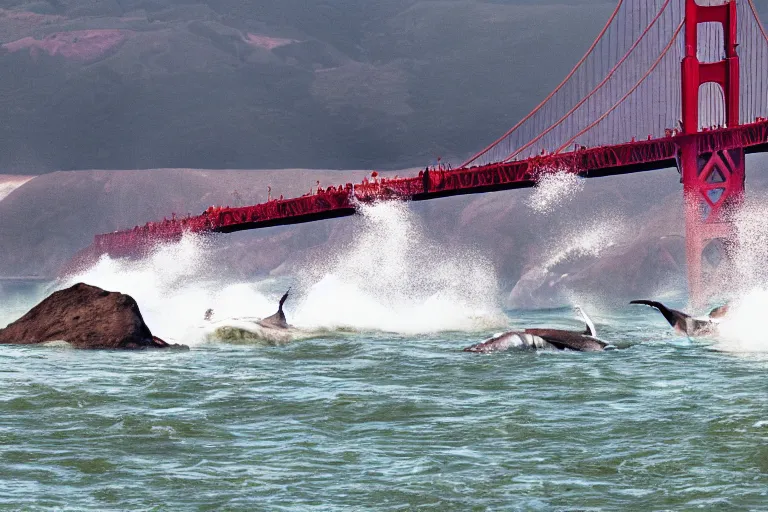 Image similar to golden gate bridge with sharks in water,