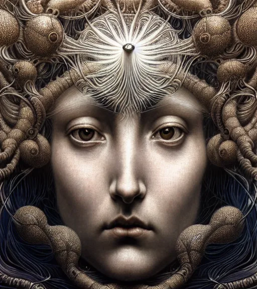 Prompt: detailed realistic beautiful chrome goddess face portrait by jean delville, gustave dore, iris van herpen and marco mazzoni, art forms of nature by ernst haeckel, art nouveau, symbolist, visionary, gothic, neo - gothic, pre - raphaelite, fractal lace, intricate alien botanicals, biodiversity, surreality, hyperdetailed ultrasharp octane render