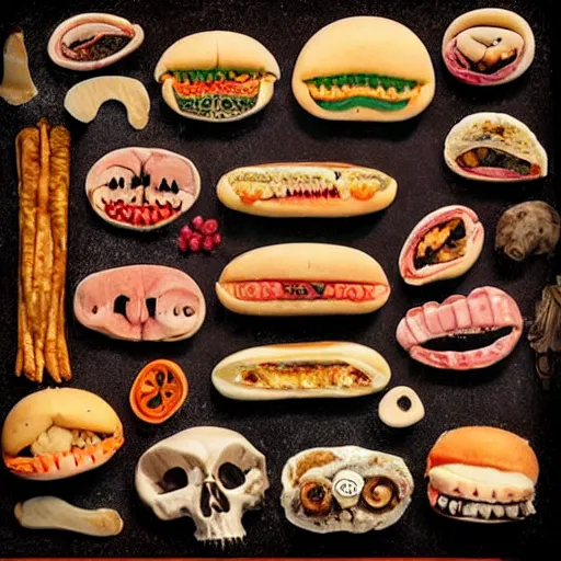 Prompt: disgusting food dishies composed of disturbing and dreadful foods of human remains