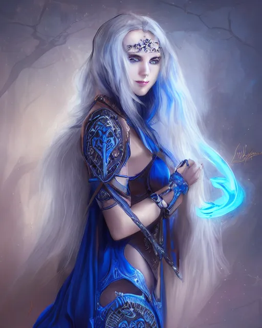 Image similar to A beautiful mysterious girl with hooded cobalt-blue eyes and silky white hair, guitar shape build, her wardrobe is attractive, full body, fantasy art, in the style of Tony Sart, illustration, epic art, fantasy, intricate, elgant, amazing detail, digital painting, artstation, concept art, smooth, sharp focus