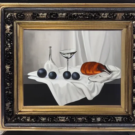 Prompt: a monochromatic nature morte painting in a flashy frame