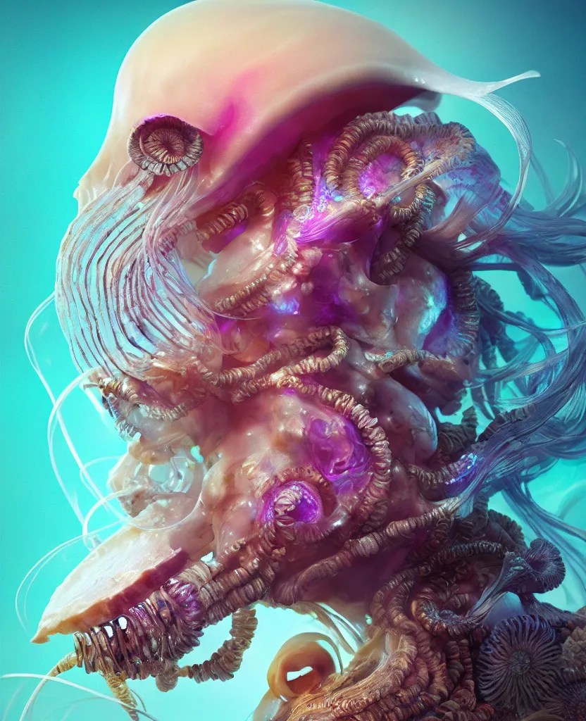 Image similar to goddess close-up portrait ram skull. jellyfish phoenix head, nautilus, orchid, ram skull, betta fish, bioluminiscent creatures, intricate artwork by Tooth Wu and wlop and beeple. octane render, trending on artstation, greg rutkowski very coherent symmetrical artwork. cinematic, hyper realism, high detail, octane render, 8k