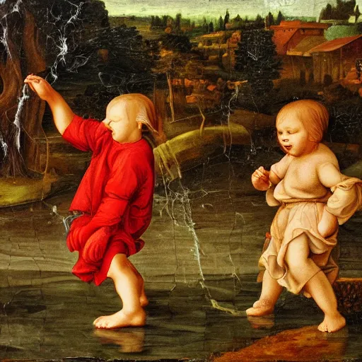 Prompt: children playing in heavy rain, painting, sharp, clear faces, highly detailed photo, style of high renaissance period