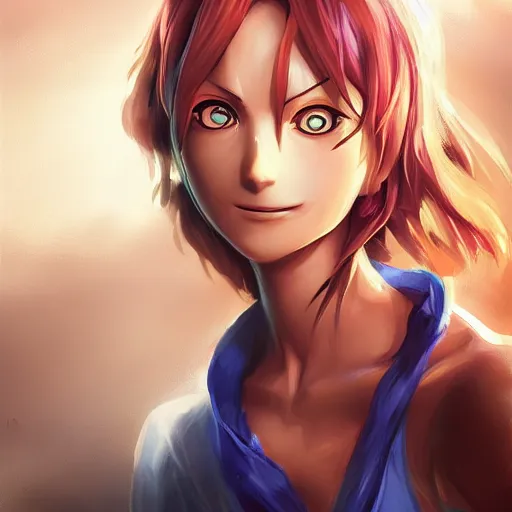 Prompt: Nami portrait from one piece, digital painting, artstation, concept art, Craig Mullins, Breathtaking, 8k resolution, extremely detailed, beautiful, establishing shot, artistic, hyperrealistic, octane render, cinematic lighting, dramatic lighting, masterpiece, light brazen, extremely detailed and beautiful face