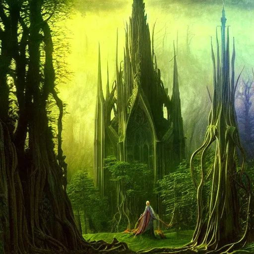 Image similar to a beautiful and highly detailed matte painting of an elven cathedral in a mystical celtic forest, alien trees and plants and flowers, twisted spires, wide angle, by caspar friedrich, albert bierstadt, james gurney, brian froud,