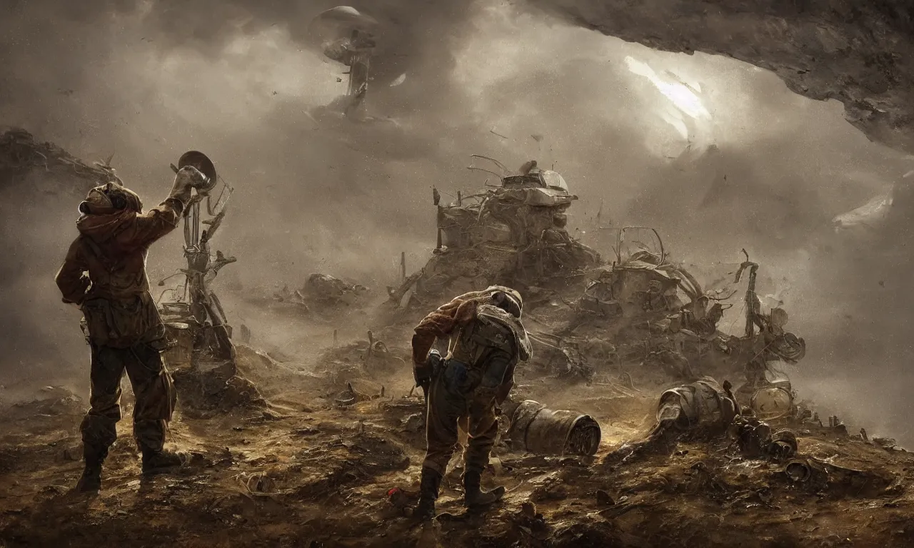 Image similar to Portrait of man repairing the core of special ancient flying saucer full of ancient military equipment, high detail, ground fog, wet reflective ground, saturated colors, by Darek Zabrocki, render Unreal Engine