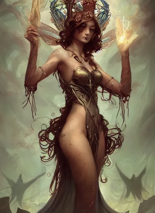 Image similar to tarot!!, fairy queen, fantasy medieval, no noise, elegant, concept art, sharp focus, beautiful face!!, digital art, smooth defined outlines!!, by Brom, Guangjian Huang, trending on Artstation, Tom Bagshaw, Sargent