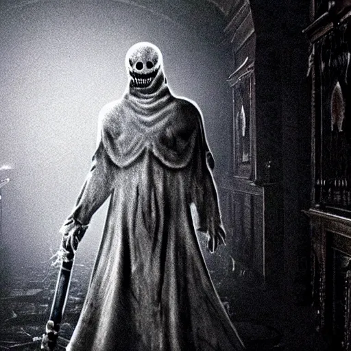 Prompt: humanoid ghost with an unnatural smile in bloodborne, it has huge eyes and is staring at the camera from the end of a dark hallway. caught on vhs, film grain,