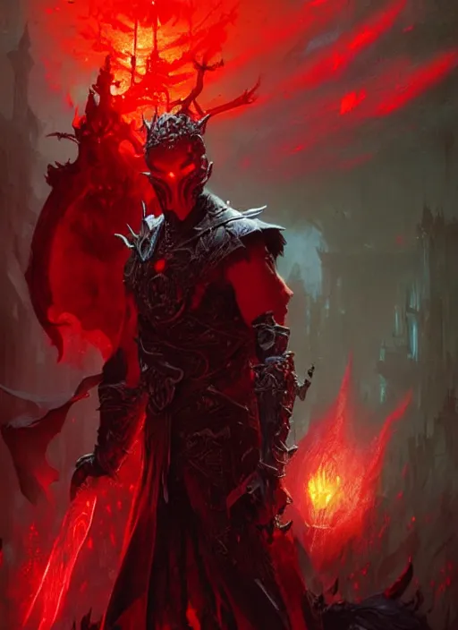 Image similar to male necromancer in a dark fantasy setting wearing a red mask, art by greg rutkowski, art by craig mullins, art by thomas kincade, art by Yoshitaka Amano