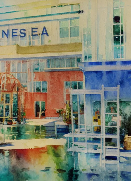 Image similar to impressionist watercolor painting of the wes anderson section of ikea, big impressionist watercolor paint strokes, art by john la farge