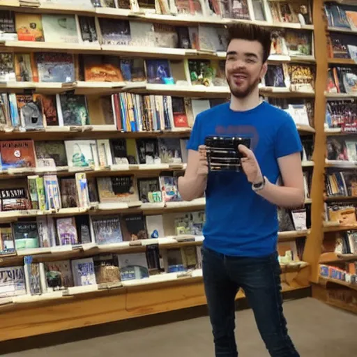 Image similar to jacksepticeye wearing blue jeans playing a video game in a bookstore