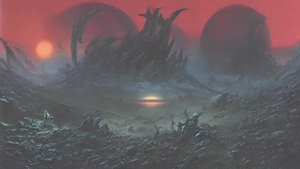 Image similar to eerie atmospheric alien planet empire by jack gaughan and bob eggleton and chris moore, epic cinematic matte painting