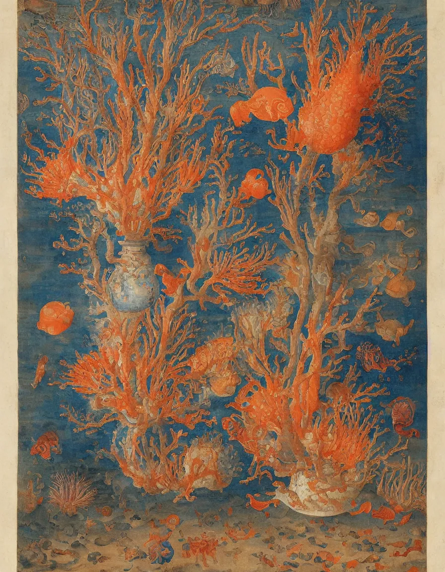 Image similar to Ming vase of coral under the sea decorated with a dense field of stylized scrolls that have opaque outlines enclosing mottled blue washes, with orange shells and purple fishes, Ambrosius Bosschaert the Elder, oil on canvas, around the edges there are no objects