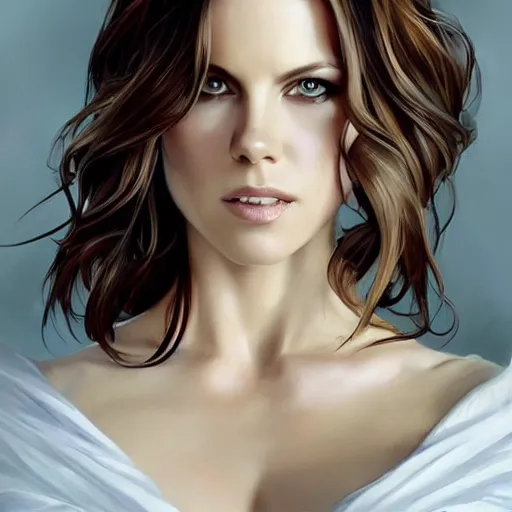 Image similar to ultra realistic illustration, a kate beckinsale in a white hood, with brown hair, with blue eyes, intricate, elegant, highly detailed, digital painting, artstation, concept art, smooth, sharp focus, illustration, art by artgerm and greg rutkowski and alphonse mucha