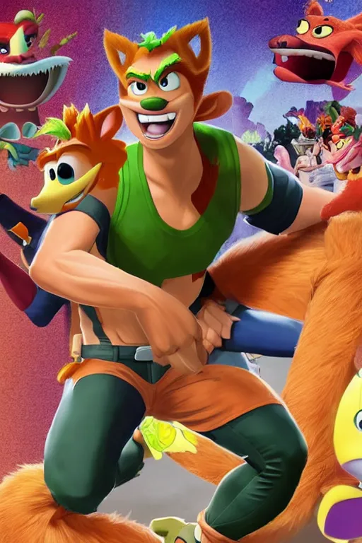 Prompt: Chris Pratt as Crash Bandicoot in live action adaptation, set photograph in costume, cosplay, cover of Vogue