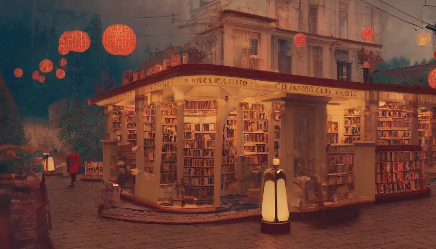 Prompt: a Wes Anderson 35mm film still of a very surreal magic bookshop with a miniature mountain city inside , golden hour, falling cherry blossom pedals, in the style of Gucci, glowing warm lights and floating lanterns, foggy atmosphere, rainy, moody, muted colors, magic details, very detailed, 8k, cinematic look, octane render, psychedelic,