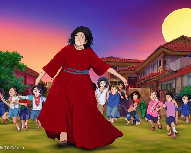 Image similar to Hispanic Granny In A Red MuMu Throwing A Slide Sandal At A Bunch Of Kids Running Away From Her, Anime Style, Manga Style, 8K, HDR, San Antonio Texas Cityscape Sunset, HDR, volumetric lighting, Hyperrealistic-H 960