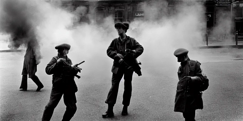 Prompt: street photo, war, revolution, smoke on the street, a lot of people, film photography, exposed b & w photography, christopher morris photography, bruce davidson photography, peter marlow photography