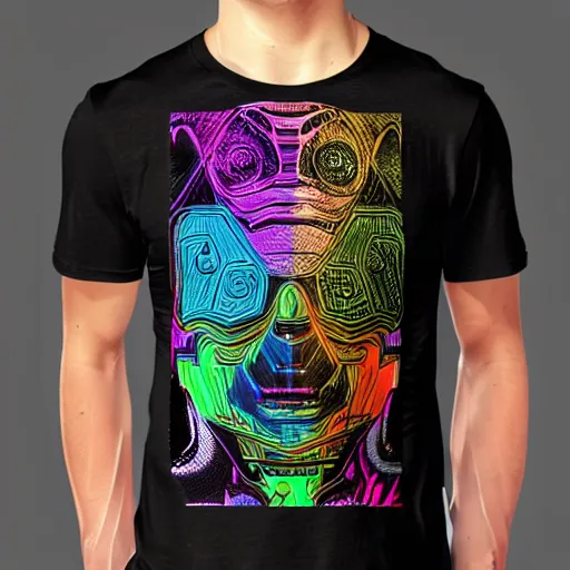 Prompt: mockup of a black tshirt with a hyperdetailed portrait of a trippy cyberpunk robot, 8 k, symetrical, flourescent colors, happy mood, multicolored,