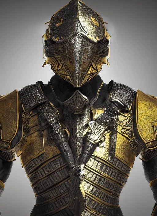 Image similar to concept art of ancient soldier wearing an armoured facemask, with intricate carving details in black and gold, ultra realistic, octane render, 8 k, hd, realistic lighting