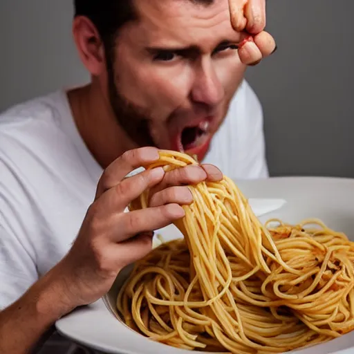 Prompt: a man eating a whole garlic clove with spaghetti, photo