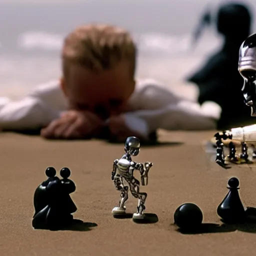 Prompt: the T-1000 playing chess against ED-209 on a beach