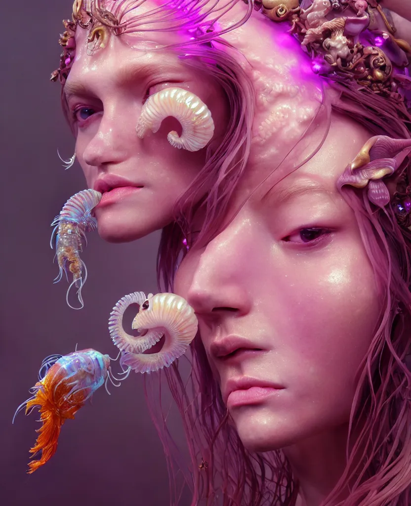 Image similar to goddess princess beautiful face close-up portrait ram skull zbrush sculpt. jellyfish phoenix head, nautilus, orchid, skull, betta fish, bioluminiscent creatures, intricate artwork by Tooth Wu and wlop and beeple. octane render, trending on artstation, greg rutkowski very coherent symmetrical artwork. cinematic, hyper realism, high detail, octane render, 8k