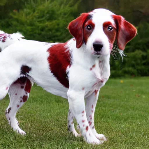 Prompt: a dog that is a mix of an American Brittany and a Red-and-White English Setter