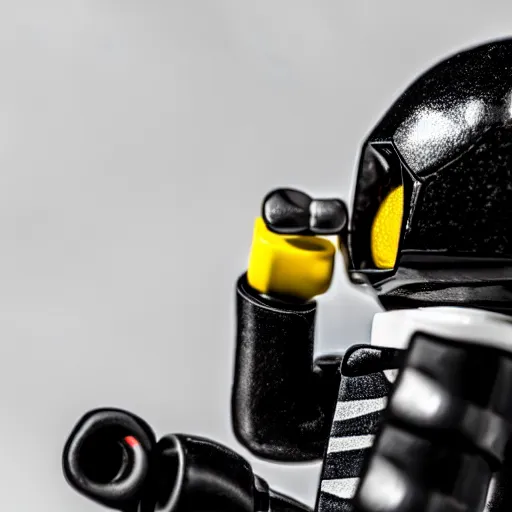 Image similar to closeup shot of lego astronaut with real black widow spider ( eos 5 ds r, iso 1 0 0, f / 8, 1 / 1 2 5, 8 4 mm, postprocessed, bokeh )