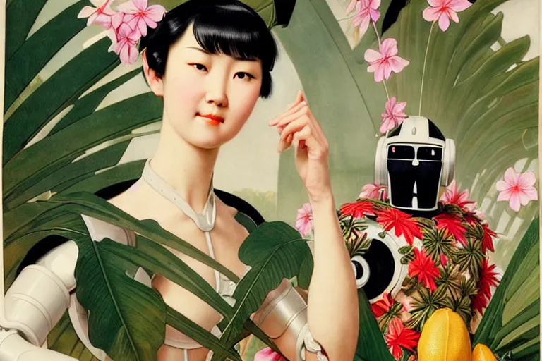 Image similar to a portrait of double eyelids asian female with short black hair dressed with a robot knight plastic white armor dress from evangelion, sit in a throne surrounded by garlands of tropical fruits and flowers, masterpiece painted by jc leyendecker